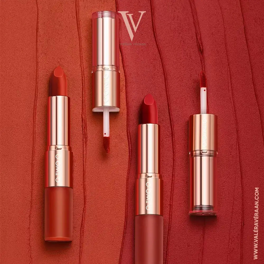 Valéra Véraan Powder Kiss Dual-Ended Lipstick – Premium 2-in-1 matte lipstick and lip glaze design in vibrant red shade. Long-lasting, highly pigmented, and perfect for bold, elegant looks. Shop luxury lip products at Valéra Véraan for flawless beauty.