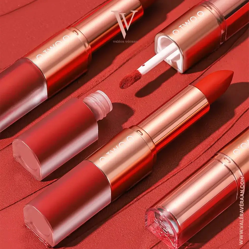 Valéra Véraan Powder Kiss Dual-Ended Lipstick – Premium 2-in-1 matte lipstick and lip glaze design in vibrant red shade. Long-lasting, highly pigmented, and perfect for bold, elegant looks. Shop luxury lip products at Valéra Véraan for flawless beauty.