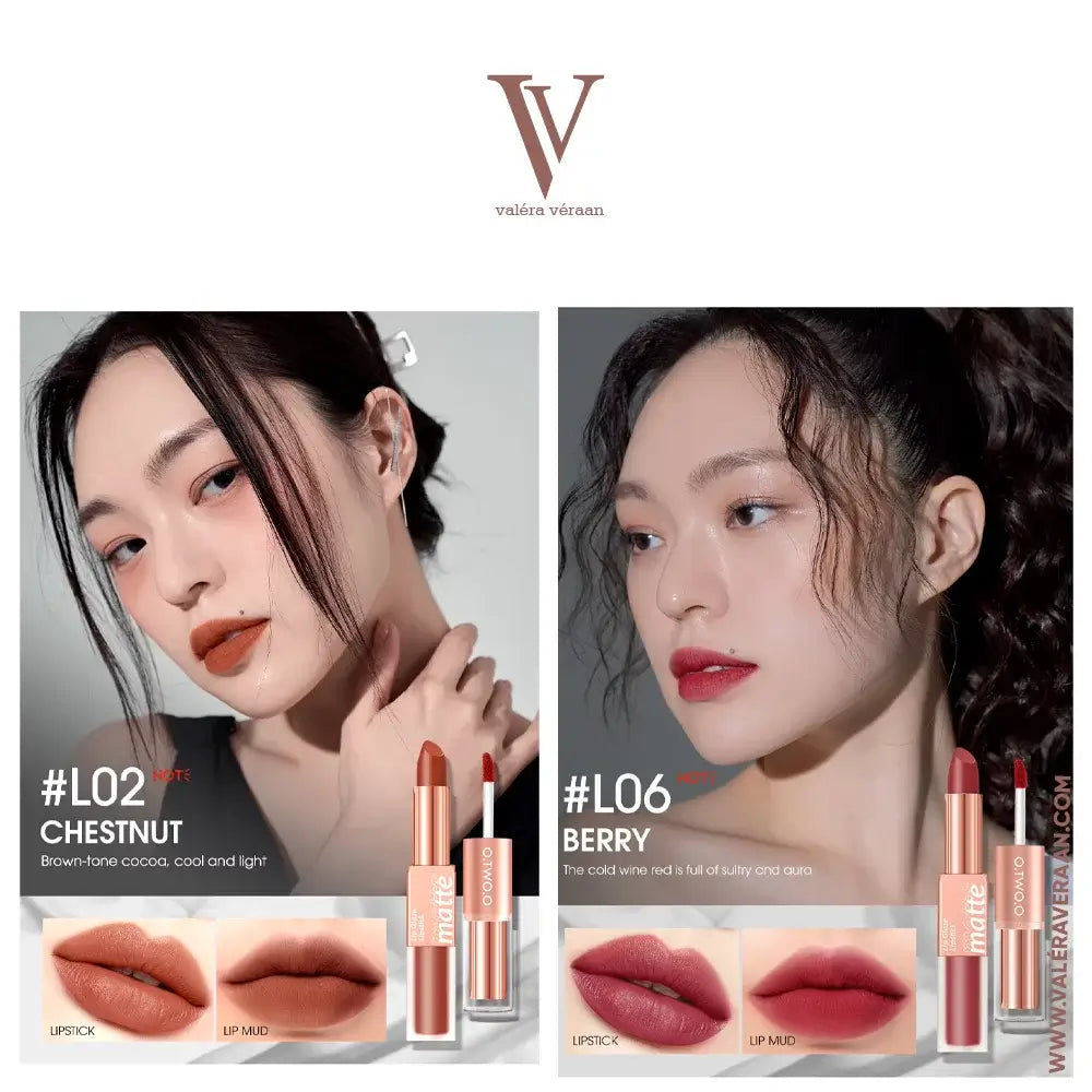 Valéra Véraan Powder Kiss Dual-Ended Lipstick – Premium 2-in-1 matte lipstick and lip glaze design in vibrant red shade. Long-lasting, highly pigmented, and perfect for bold, elegant looks. Shop luxury lip products at Valéra Véraan for flawless beauty.