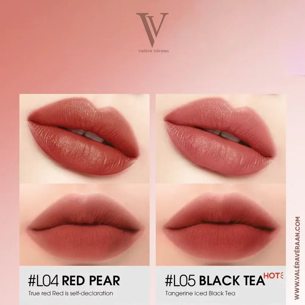 Valéra Véraan Powder Kiss Dual-Ended Lipstick – Premium 2-in-1 matte lipstick and lip glaze design in vibrant red shade. Long-lasting, highly pigmented, and perfect for bold, elegant looks. Shop luxury lip products at Valéra Véraan for flawless beauty.