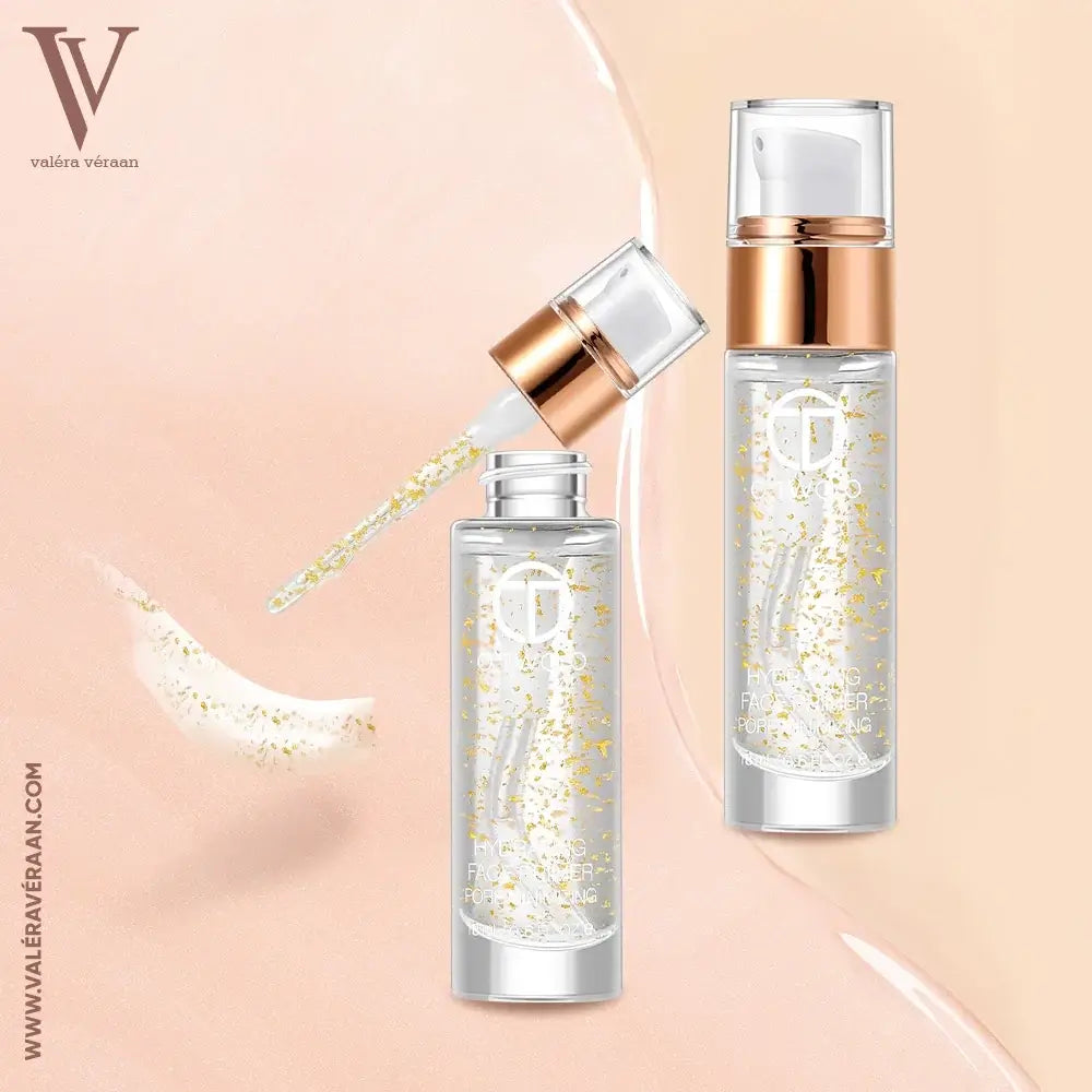 Valéra Véraan Hydrating Face Primer with gold-infused formula for smooth and radiant skin, displayed in sleek transparent bottles with rose-gold accents. Perfect for enhancing makeup application and skin hydration