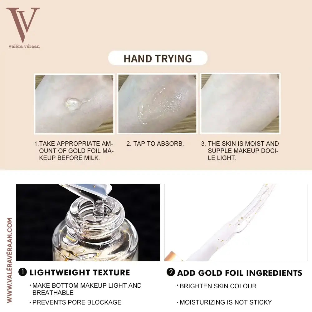 Valéra Véraan Hydrating Face Primer with gold-infused formula for smooth and radiant skin, displayed in sleek transparent bottles with rose-gold accents. Perfect for enhancing makeup application and skin hydration