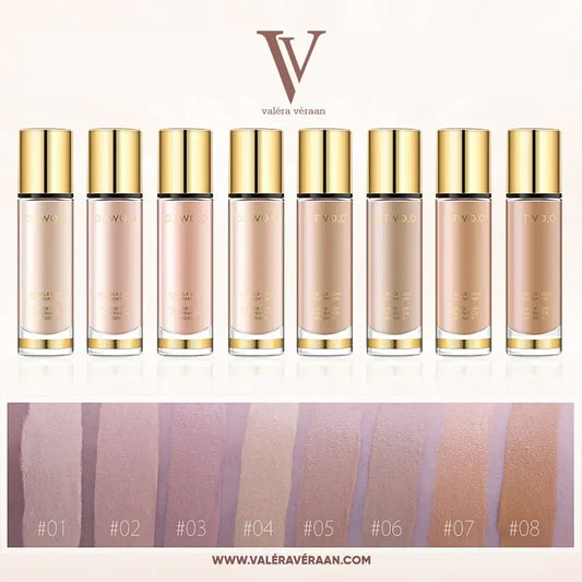 Valéra Véraan Invisible Love Foundation featuring a lightweight, full-coverage formula for flawless skin. Elegant bottles with gold accents and shades splashing, showcasing the smooth, blendable texture ideal for all skin tones.