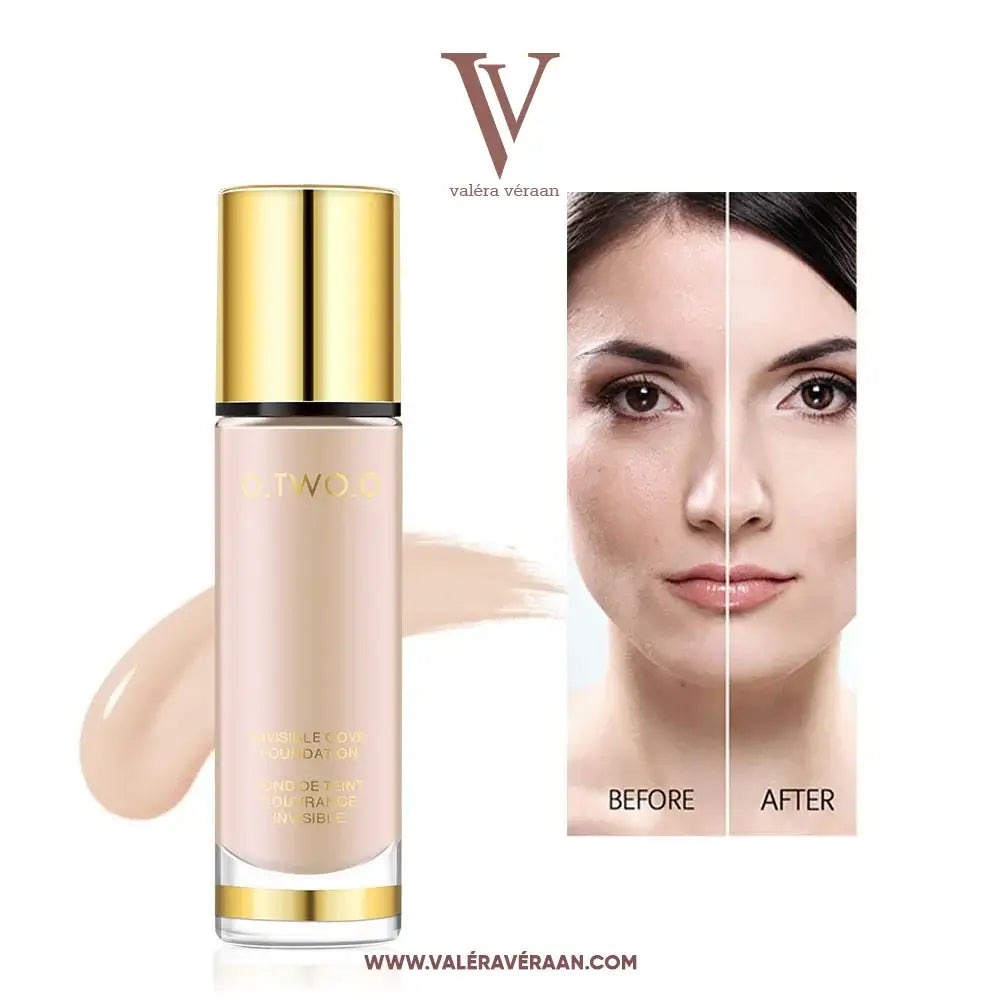 Valéra Véraan Invisible Love Foundation featuring a lightweight, full-coverage formula for flawless skin. Elegant bottles with gold accents and shades splashing, showcasing the smooth, blendable texture ideal for all skin tones.