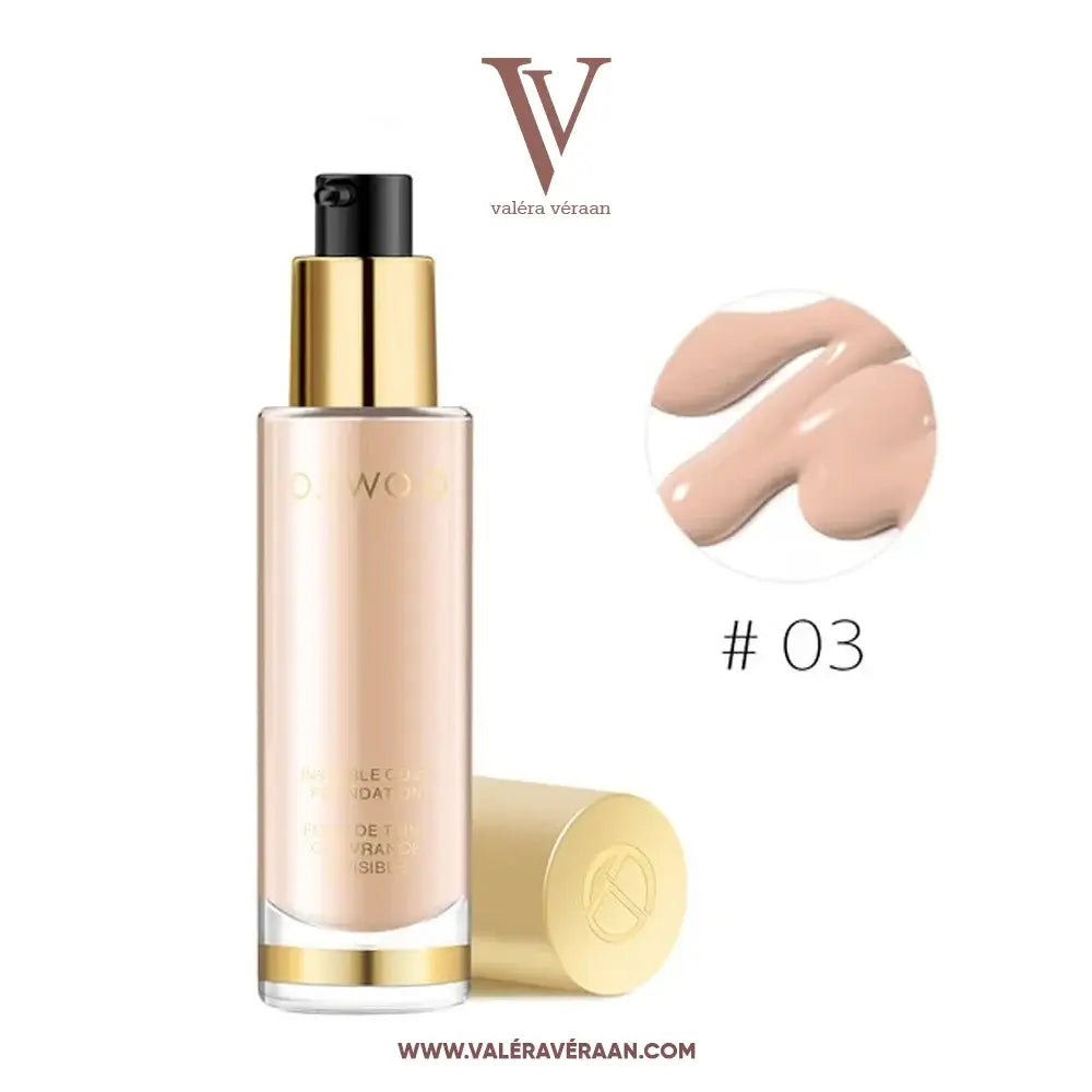 Valéra Véraan Invisible Love Foundation featuring a lightweight, full-coverage formula for flawless skin. Elegant bottles with gold accents and shades splashing, showcasing the smooth, blendable texture ideal for all skin tones.