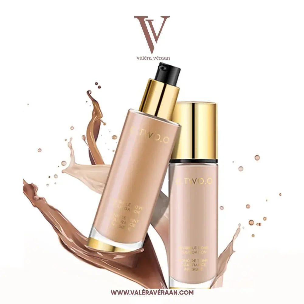 Valéra Véraan Invisible Love Foundation featuring a lightweight, full-coverage formula for flawless skin. Elegant bottles with gold accents and shades splashing, showcasing the smooth, blendable texture ideal for all skin tones.