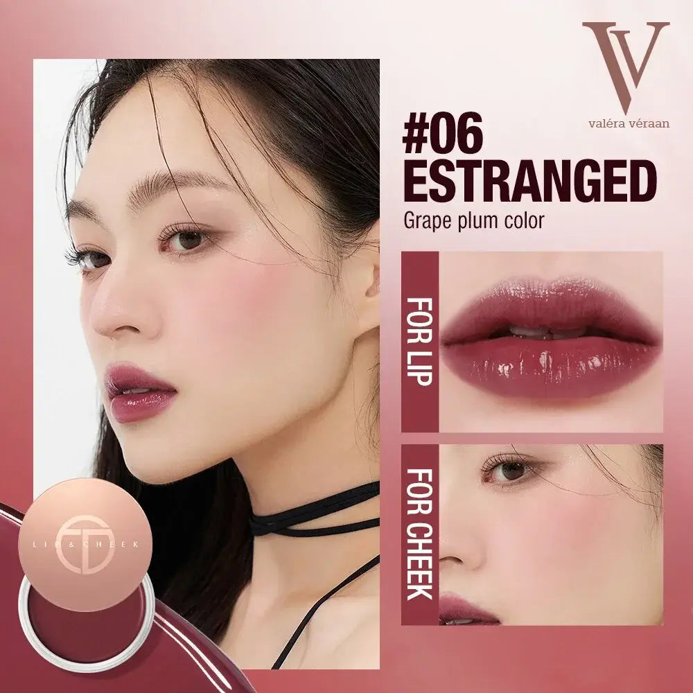 Valéra Véraan Lip & Cheek Tint in a rich berry shade, featuring a creamy texture for natural, long-lasting color. Includes a soft applicator and before-and-after results showcasing hydrated, glossy lips with a vibrant finish.