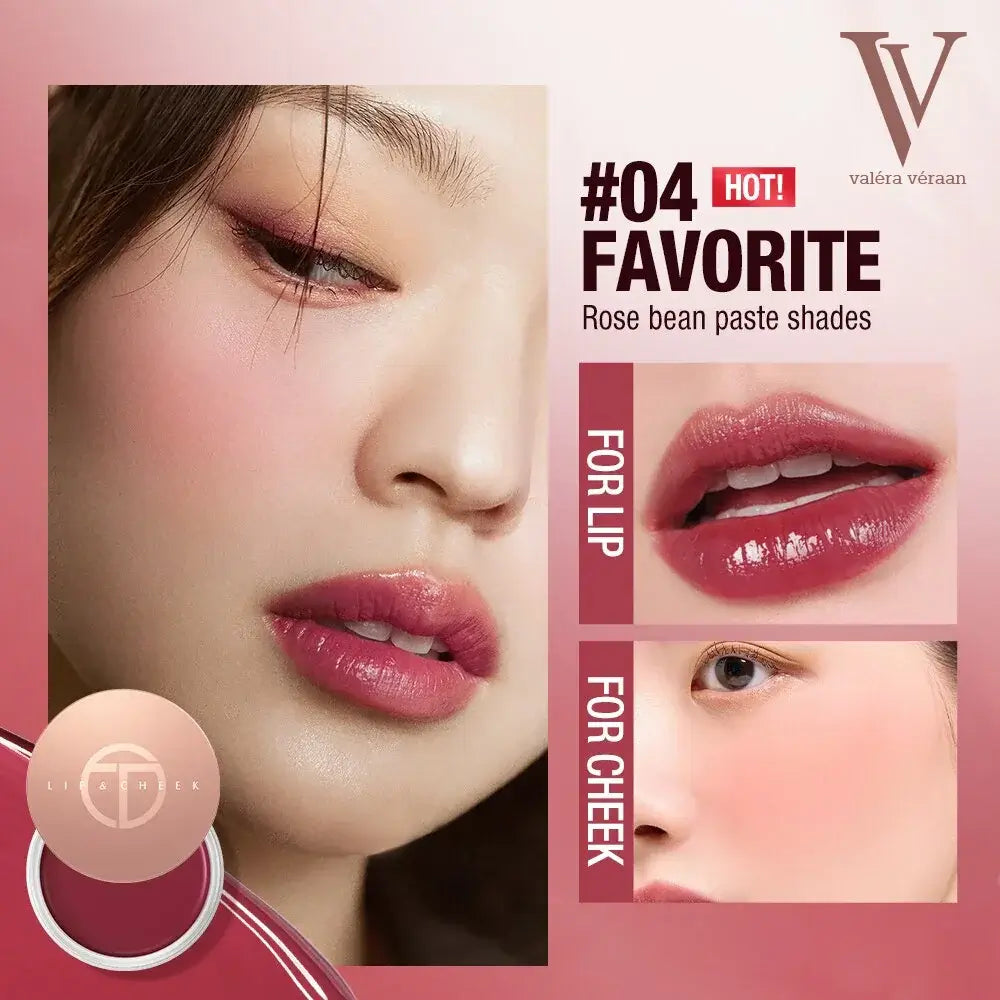 Valéra Véraan Lip & Cheek Tint in a rich berry shade, featuring a creamy texture for natural, long-lasting color. Includes a soft applicator and before-and-after results showcasing hydrated, glossy lips with a vibrant finish.