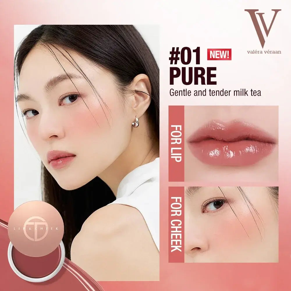 Valéra Véraan Lip & Cheek Tint in a rich berry shade, featuring a creamy texture for natural, long-lasting color. Includes a soft applicator and before-and-after results showcasing hydrated, glossy lips with a vibrant finish.