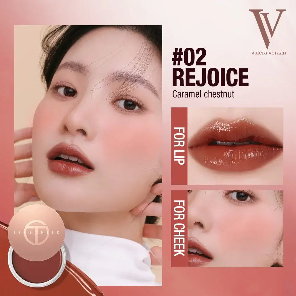 Valéra Véraan Lip & Cheek Tint in a rich berry shade, featuring a creamy texture for natural, long-lasting color. Includes a soft applicator and before-and-after results showcasing hydrated, glossy lips with a vibrant finish.