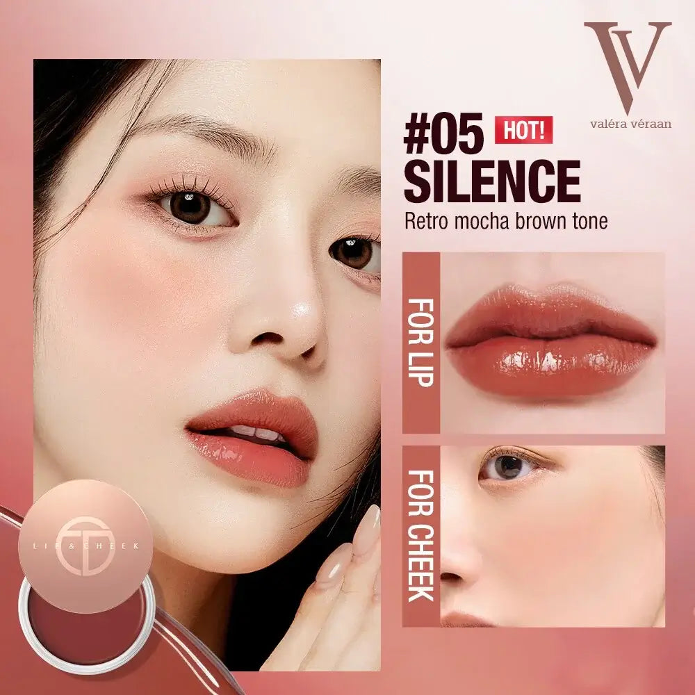 Valéra Véraan Lip & Cheek Tint in a rich berry shade, featuring a creamy texture for natural, long-lasting color. Includes a soft applicator and before-and-after results showcasing hydrated, glossy lips with a vibrant finish.