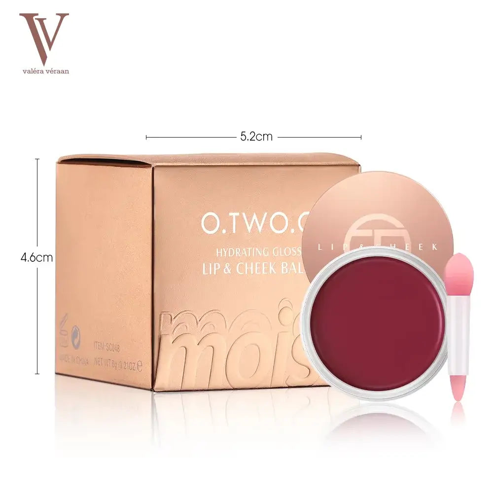 Valéra Véraan Lip & Cheek Tint in a rich berry shade, featuring a creamy texture for natural, long-lasting color. Includes a soft applicator and before-and-after results showcasing hydrated, glossy lips with a vibrant finish.