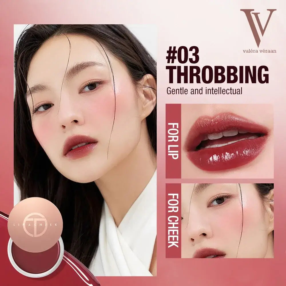 Valéra Véraan Lip & Cheek Tint in a rich berry shade, featuring a creamy texture for natural, long-lasting color. Includes a soft applicator and before-and-after results showcasing hydrated, glossy lips with a vibrant finish.