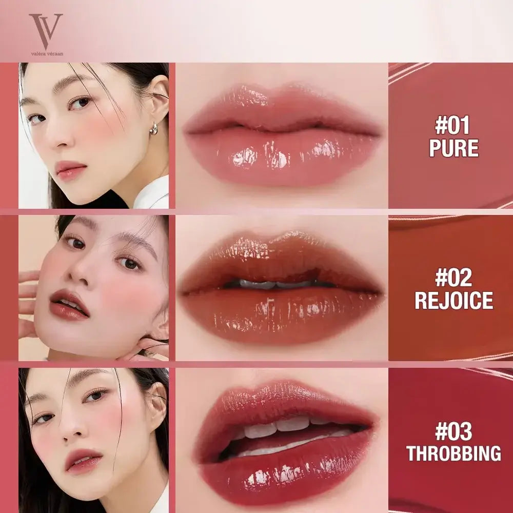 Valéra Véraan Lip & Cheek Tint in a rich berry shade, featuring a creamy texture for natural, long-lasting color. Includes a soft applicator and before-and-after results showcasing hydrated, glossy lips with a vibrant finish.