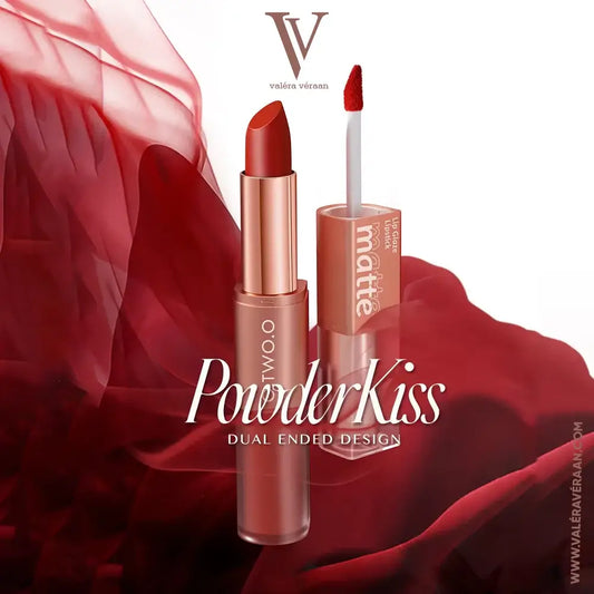 Valéra Véraan Powder Kiss Dual-Ended Lipstick – Premium 2-in-1 matte lipstick and lip glaze design in vibrant red shade. Long-lasting, highly pigmented, and perfect for bold, elegant looks. Shop luxury lip products at Valéra Véraan for flawless beauty.