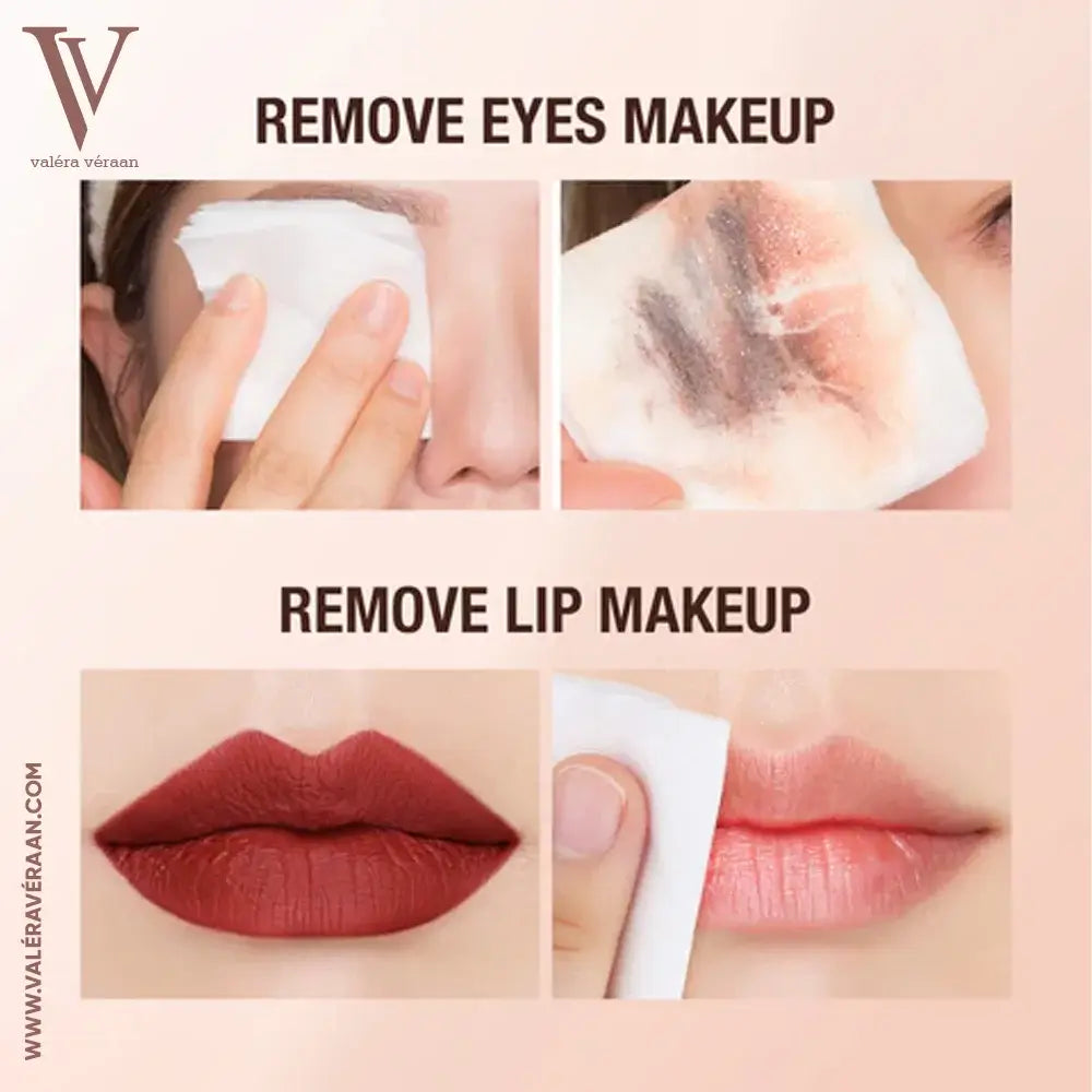 Valéra Véraan Avocado Plant Extract Makeup Wipes showing before-and-after results of gentle, residue-free makeup removal on eyes and lips, perfect for a clean and refreshed look.