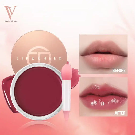 Valéra Véraan Lip & Cheek Tint in a rich berry shade, featuring a creamy texture for natural, long-lasting color. Includes a soft applicator and before-and-after results showcasing hydrated, glossy lips with a vibrant finish.