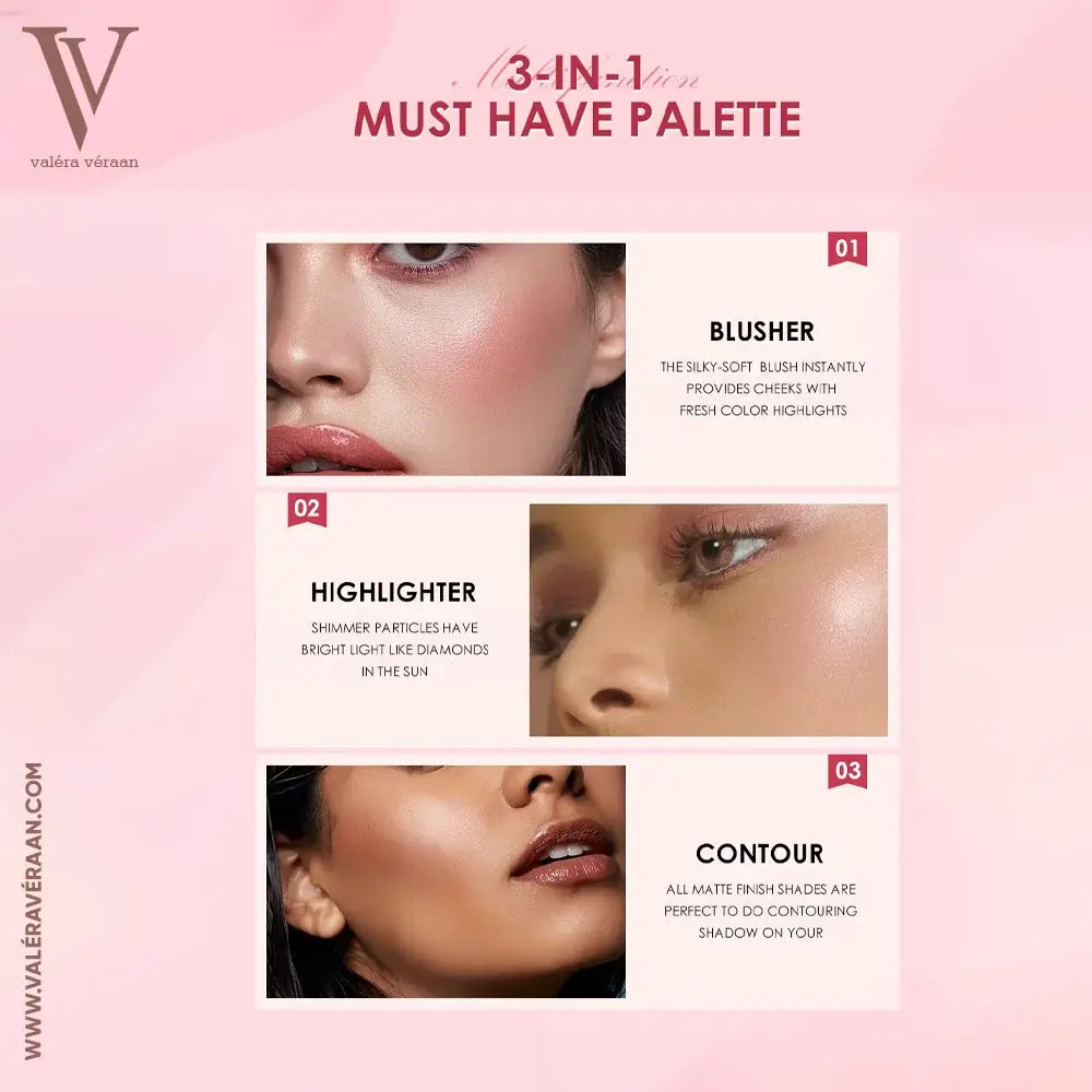 Valéra Véraan 3-in-1 Sweetheart Girl Multifunctional Color Disk – Versatile makeup palette featuring blush, contour, and highlighter shades. Perfect for natural to glam looks, with smooth, blendable textures. Shop premium cosmetics for flawless beauty at Valéra Véraan.