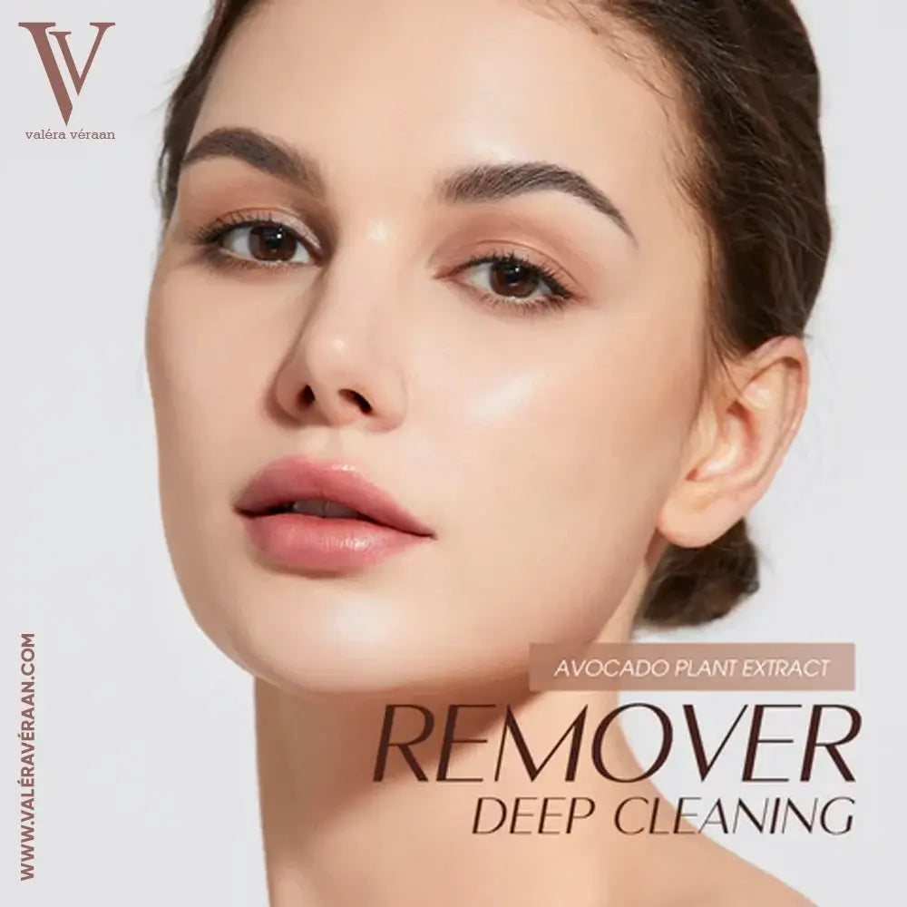 Valéra Véraan Avocado Plant Extract Makeup Wipes showing before-and-after results of gentle, residue-free makeup removal on eyes and lips, perfect for a clean and refreshed look.