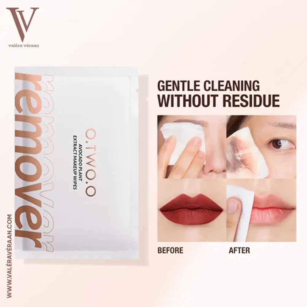 Valéra Véraan Avocado Plant Extract Makeup Wipes showing before-and-after results of gentle, residue-free makeup removal on eyes and lips, perfect for a clean and refreshed look.