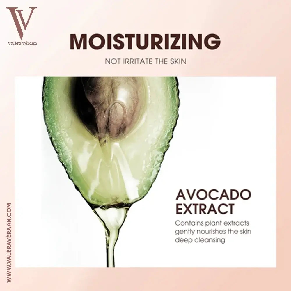 Valéra Véraan Avocado Plant Extract Makeup Wipes showing before-and-after results of gentle, residue-free makeup removal on eyes and lips, perfect for a clean and refreshed look.