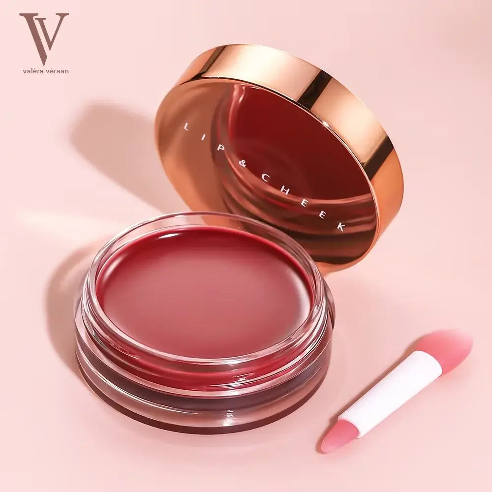 Valéra Véraan Lip & Cheek Tint in a rich berry shade, featuring a creamy texture for natural, long-lasting color. Includes a soft applicator and before-and-after results showcasing hydrated, glossy lips with a vibrant finish.