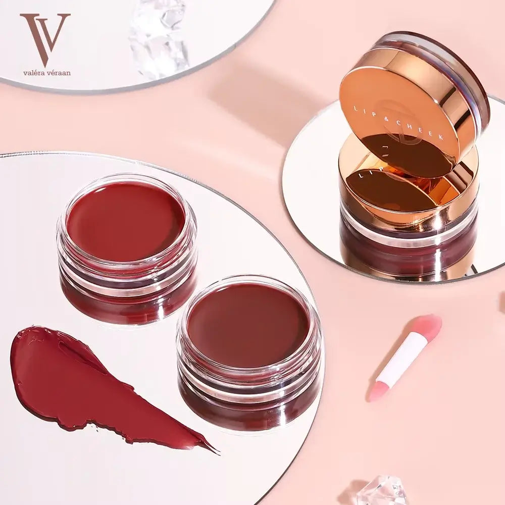 Valéra Véraan Lip & Cheek Tint in a rich berry shade, featuring a creamy texture for natural, long-lasting color. Includes a soft applicator and before-and-after results showcasing hydrated, glossy lips with a vibrant finish.