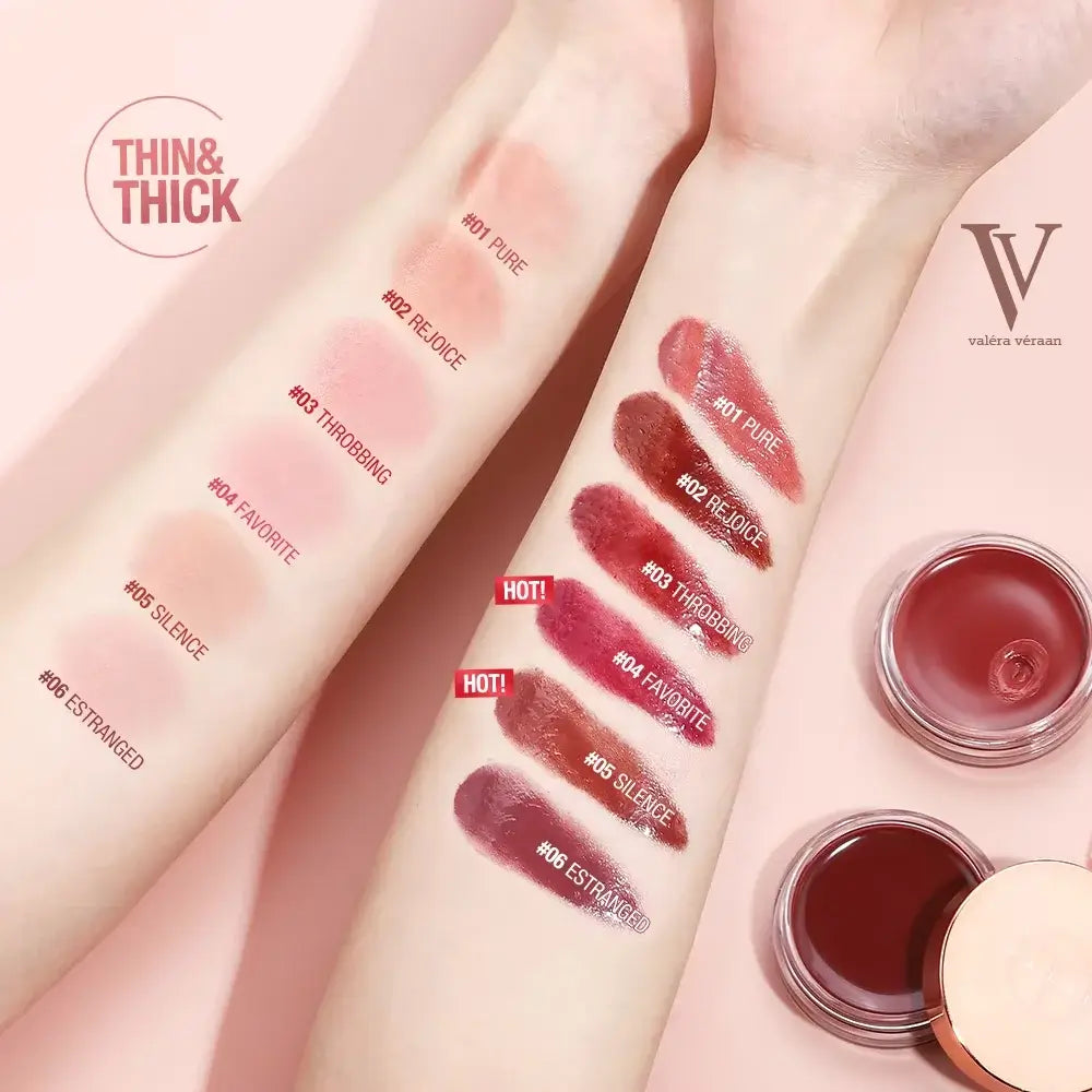 Valéra Véraan Lip & Cheek Tint in a rich berry shade, featuring a creamy texture for natural, long-lasting color. Includes a soft applicator and before-and-after results showcasing hydrated, glossy lips with a vibrant finish.